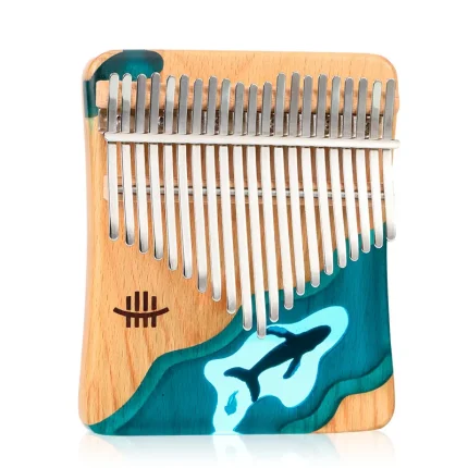 A clear studio photograph of the Hluru Deep Sea Whale 21 key kalimba, showcasing its ergonomic shape and resin art.