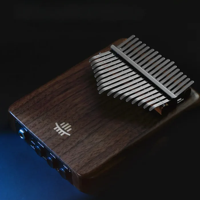 Close-up view of Hluru 17 key electric kalimba showing rosewood body and sound controls