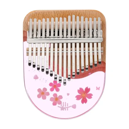 Front view of Hluru 17 Key Solid Body Resin Kalimba Sakura Pink with cherry blossom pattern