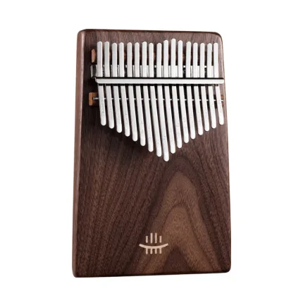 Front view of the Hluru 17 key kalimba, featuring its solid body made from dark, tiger-striped walnut wood and a sloped tine arrangement.