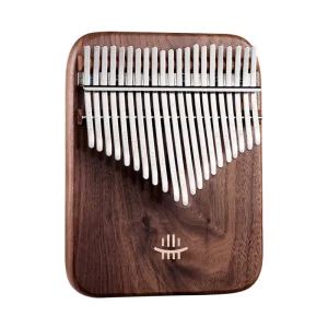 Front view of the Hluru 21 Key Solid Body Kalimba, highlighting the rich, dark grain of the American Black Walnut wood and engraved steel tines.