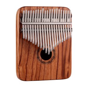 Front view of Hluru 21 key hollow body kalimba in red rosewood finish