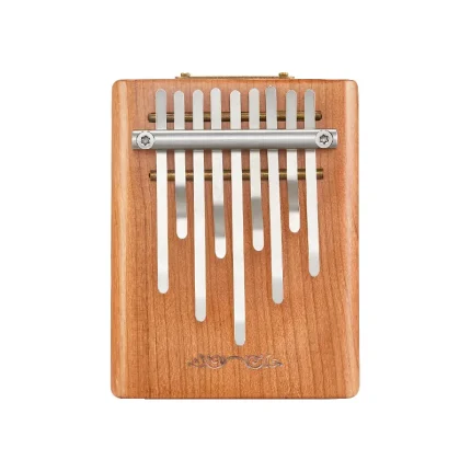 Close-up of Hluru 9 key mini kalimba with metal keys on cherry wood body
