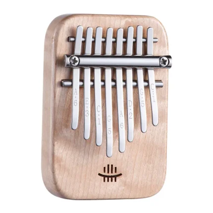 Top-down studio product shot of the Hluru Mini 8 Key Kalimba in maple, showing its eight tuned metal tines and compact body against a clean white background.
