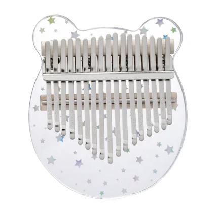 A transparent bear-shaped 17-key acrylic kalimba with etched note markings.