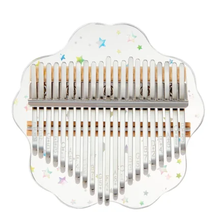 A 21-key transparent acrylic kalimba with a flower-shaped outline and star decorations.