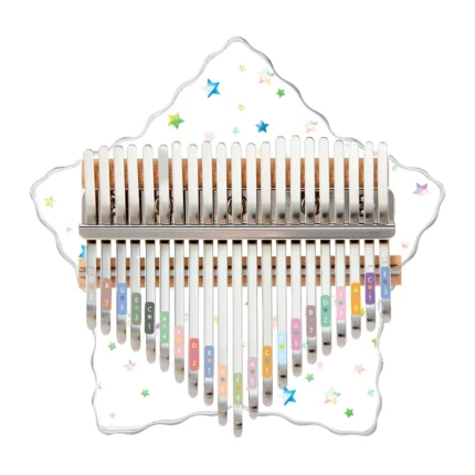 A transparent 21-key star-shaped acrylic kalimba with colorful note indicators.